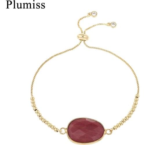 Geometric Rhodonite Charm Bracelet Trendy Natural Stone Gold Color Stainless Steel Link Chain Boho Women Bracelets Femme Jewelry