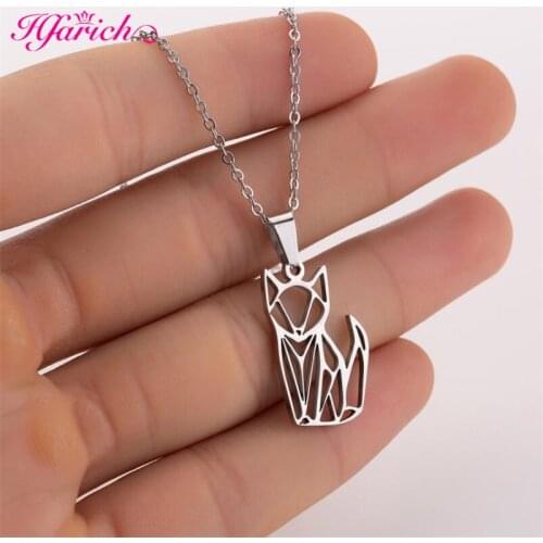 Hfarich Origami Cat Necklaces Pendants Girls Jewelry Kids Collar gato Stainless Steel Geometric Cat Necklace Pet Lover Gifts