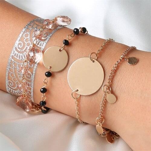4 Pcs/Set Women Fashion Beach Bracelets Set Crystal Geometric Beaded Disc Gold Color Chain Bracelet Ladies Classic Jewelry Gift