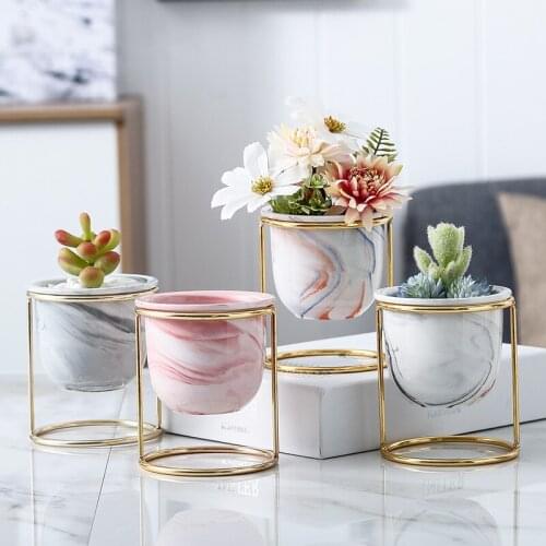 Nordic Creative Fleshy Flowerpot Marble Gold Iron Frame Ceramic Flowerpot Ins Home Decoration Flowerpot Gardening Accessories