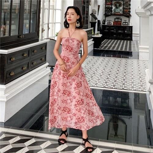 Summer Sexy V-neck Sleeveless Dresses Women Halter Strapless Party Roses Print Pink Dresses Femme Clothes Beach Ladies Dress