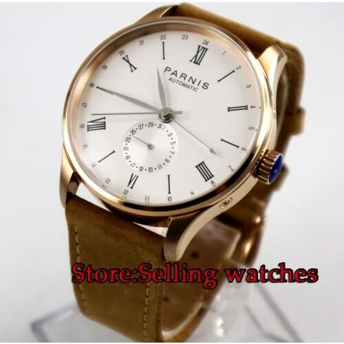42mm Parnis white dial rose golden case 24 hours date ST 1690 mens Watch