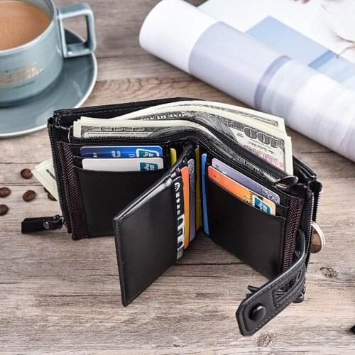 2021 Mens Leather Bifold Short Wallets Double Zipper Vintage Card Holder Coin Pocket Male Top Quality Luxury Brand Purses