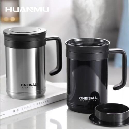 500ml Men Thermos Cup Large Tea Cup With Handle Tea Filter Portable Tea-Water Separation Business Office Vacuum Coffee Mug