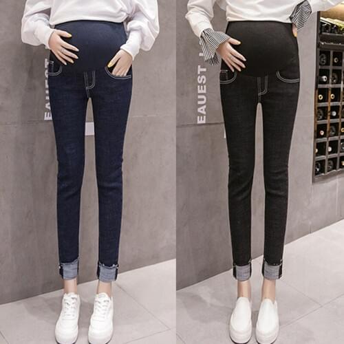 Skinny Stretch Curling Pants Maternity Jeans For Pregnant Women Clothes Denim Abdominal Jeans Pregnancy Pants Maternity Trousers Pregnant Clothing