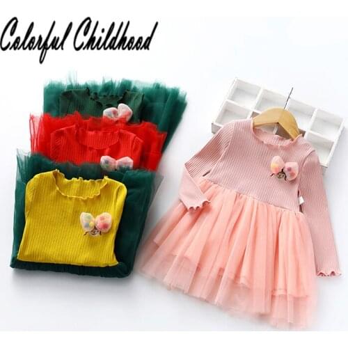 2-6 Yrs autumn baby dress long sleeve soft mesh and decorated with doll and bow comfortable small sweet girls dress