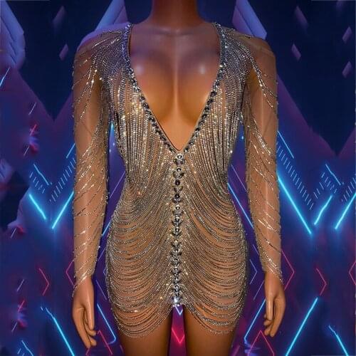 Sexy Transparent Long-Sleeve Bright Diamond Dress Nightclub Club Birthday Party Dresses Drag Queen Rave Outfit Stage Wear XS2535