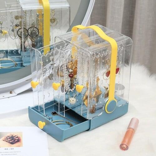 Portable Plastic Jewelry Storage Box Household Desktop Dustproof Transparent Storage Rack Dresser Earrings Necklace Jewelry Rack