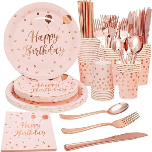 Rose Gold Disposable Party Supplies Pink Plates Cups Napkins Straws Tableware Sets Birthday Dinnerware Wedding Decorations