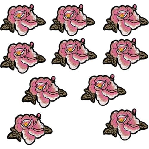 Pink Peony Patches Iron On Motif Patch For Clothing Jeans Jacket Embroidered Fabric Applique Stickers Sew On Accessories DIY
