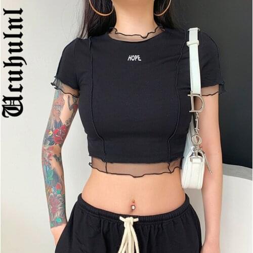 Ucuhulnl Harajuku Dark Goth Punk Street T-shirt Women Hope Letters Printed Short Sleeve Mesh Patchwork Slim Grunge Tee Tops