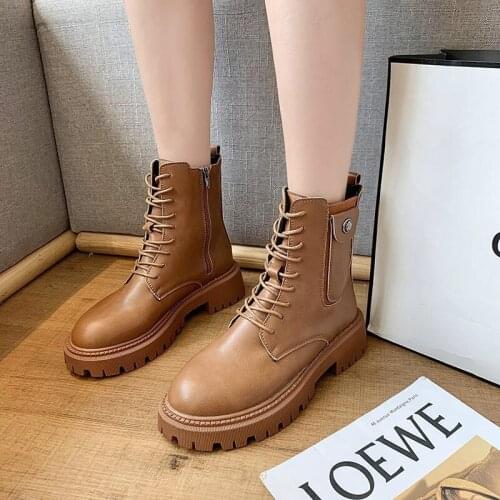 Womens Boots Ladies Short Boots Female Shoes 2020 New Korean Round Toe Zipper Platform Lace up Low Heel Square Heel Solid Color