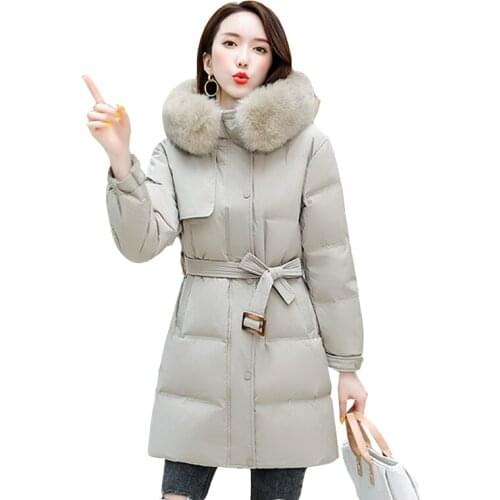 2020 down jacket winter female big fur collar down jacket female parker overcoats medium long thick white duck down coat woman
