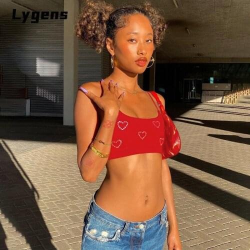 Lygens Sleeveless Heart Rhinestone Women Crop Top Slash Neck Bodyocn Sexy Streetwear Casual 2021 Summer Clothes Cute Y2K