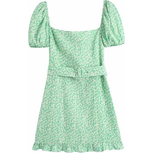 New Pop Summer Women Floral Printed Dress Belted Short Puff Sleeves elegant Casual Vogue Vintage Woman Short Sundress