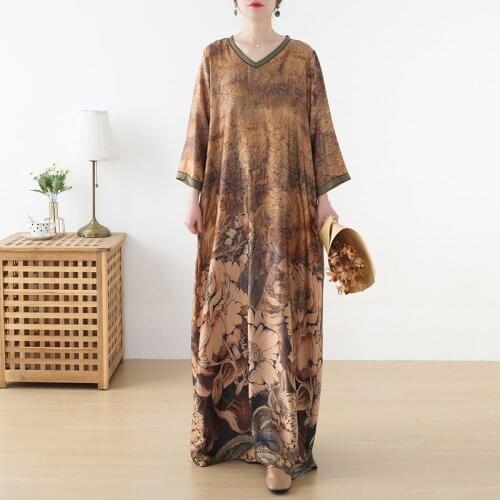Johnature Vintage Women Dress Polyester V-Neck Quarter Sleeve Print Floral Dress 2021 Summer New Casual Long Dress