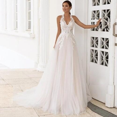 Princess Beach Wedding Dress Elegant Halter Neck Sleeveless Lace Appliques Tulle A-line Bride Gown Vestido de Novia Sweep Train