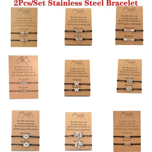 2pcs Cross Life Tree Charm One For You One For Me Stainless Steel Black String Braiding Couple Bracelet For Men Women Wish Card