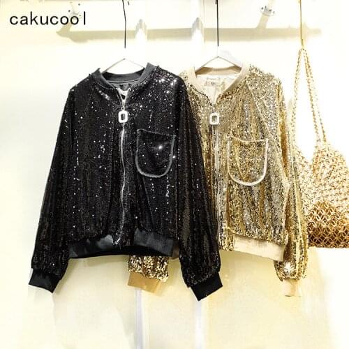 Cakucool Full Sequined Jacket Spring Embellish Baseball Bomber Jackets Bling Party Sexy Loose Casual Outer Coat Jacket Gold Lady