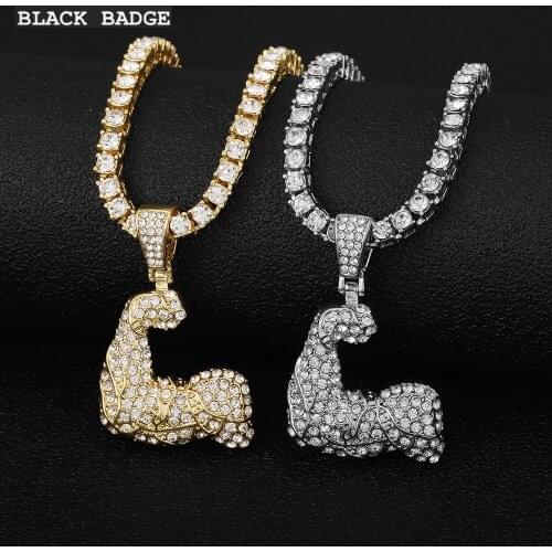 Hip Hop Iced Out Bling Muscular Arms Tennis Chain Gold Color Pendants & Necklaces For Men Women Jewelry With Chains