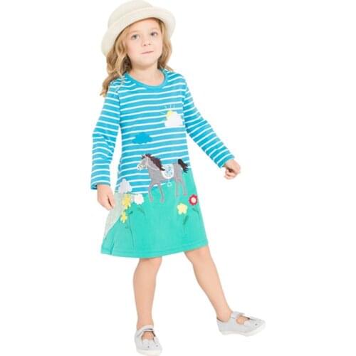 Jumping Meters 3-12T Princess Girls Dresses For Autumn Winter Animals Applique Stripe Cotton Childrens Clothes Long Sleeve Baby