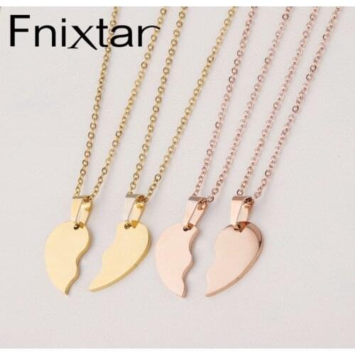Fnixtar 5Pairs/Lot Broken Heart Stitching Pendant Necklace Mirror Polish Stainless Steel Heart DIY Custoimz BFF Necklaces