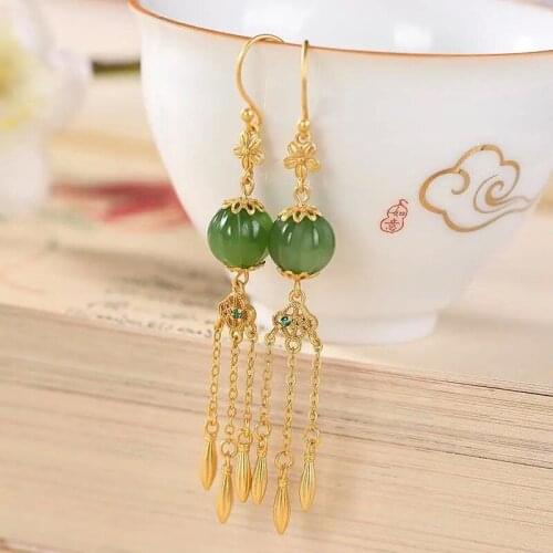 S925 Sterling Silver round Earrings Natural Hetian Jade Green Jade Antique Chinese Style Classical Tassel Court Earrings