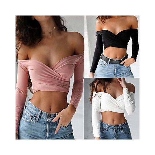 Fashion Women Off Shoulder T-shirts Casual Summer Womens Long Sleeve T-Shirt Women Solid T-shirts Ladies Strapless Sexy Top
