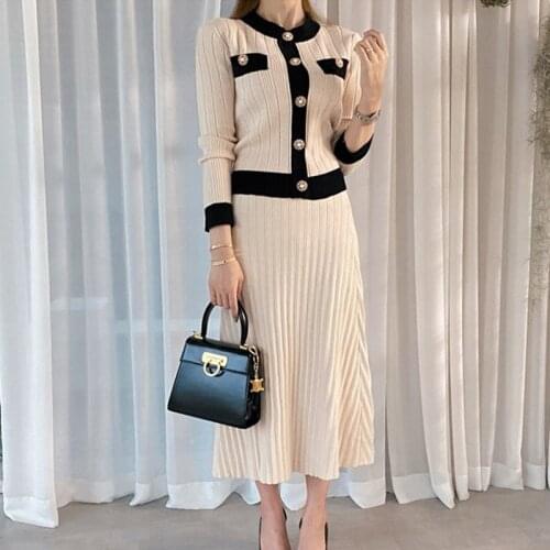 2021 Autumn Winter Knitted 2 Piece Set Chic Office Ladies Single Breasted Pearl Buttons Cardigan Sweater+Pleated Long Skirt Suit