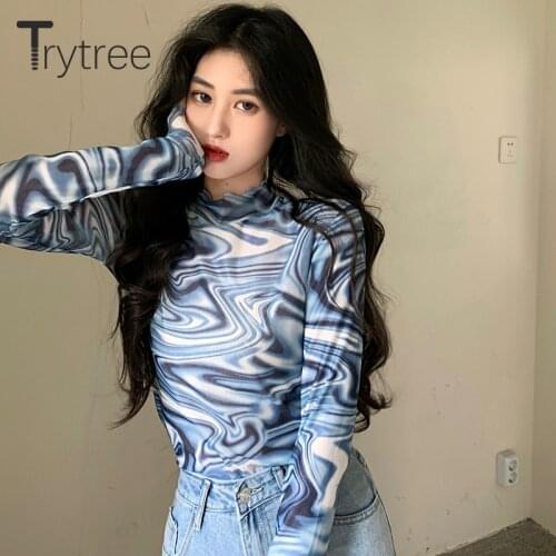 Trytree Autumn Winter Casual Women T-Shirt Ruffled Turtleneck Colour Slim Fashion Blue Camouflage Print High Street T-shirt Tops
