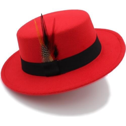 Winter Autumn Women Flat Homburg Fedora Hat for Elegant Lady Wool Pork Pie Chapeu Boater Hat with Fashion Feather