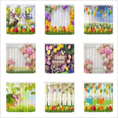 Easter Eggs Grass Polyester Shower Curtain Wooden Rabbit Bathroom Floral Waterproof Washable Fabric Bath Curtains for Home Decor