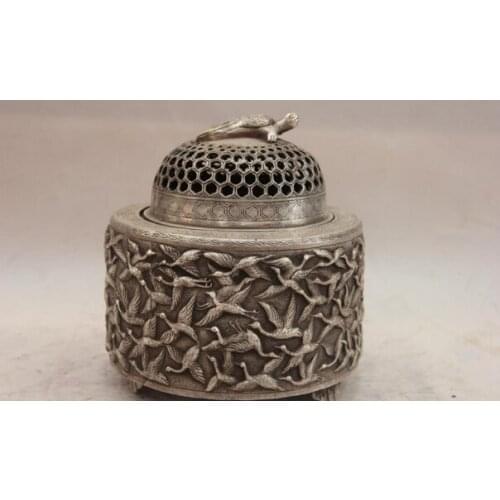 Song voge gem S1561 China White Copper Silver Hundred cranes Tortoise Turtle Incense Burner Censer