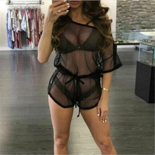 Beach Bikini Cover Up Women Solid Mesh Hollow Crochet Swimsuit Jumpsuit Women Cover-Ups Bathing Suit Beach Wear Tunic Bodysuits
