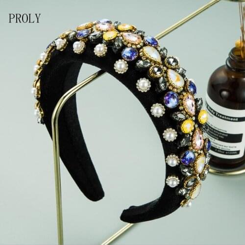 PROLY Fashion Women Rhinestone Pearls Hairband Luxury Full Crystal Hairbands Girls Baroque Headband Luxurious Hair Accessories