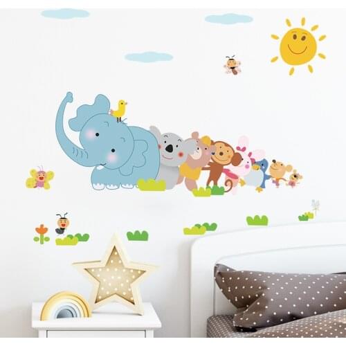 Happy animals Elephant Monkey wall sticker for kids room bedroom home decor DIY art background decals cute Cartoon Zoo stickers