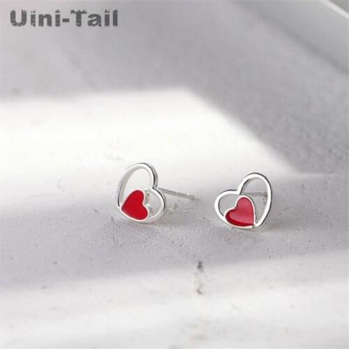 Uini-Tail hot new 925 sterling silver fashion red heart-shaped earrings temperament tide flow small heart-shaped ear jewelry
