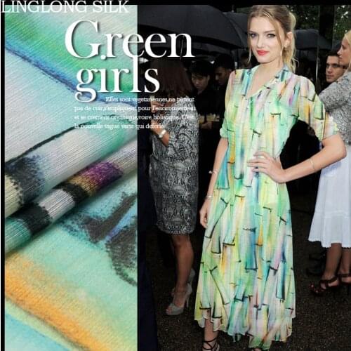 SILK LINEN FABRIC 14m/m Width 55"-140cm30%Pure Silk+70%Linen Fashion Silk Dress Fabric Digital Printing Green Bamboo Pattern