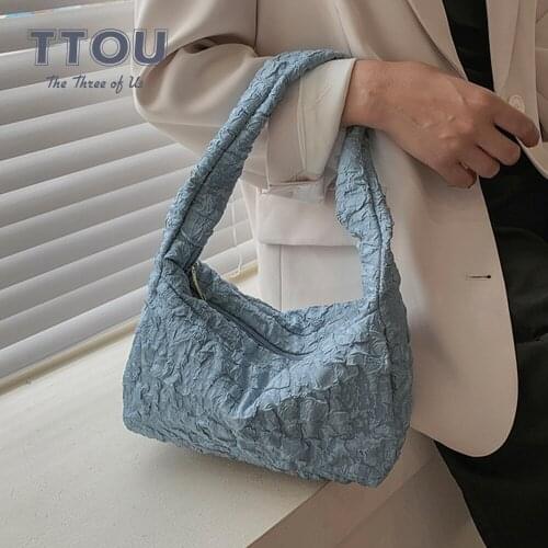 Retro Pleated Design Nylon Quilted Female Underarm Shoulder Bag 2021 Women Brand Simple Ladies Handbag Solid Color Female Purse