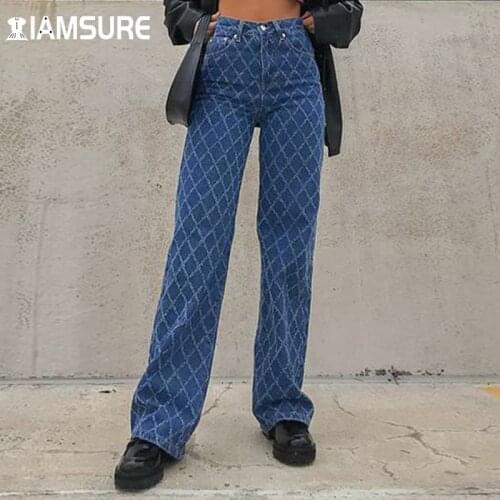 IAMSURE Vintage Loose Argyle Plaid Jeans Casual Streetwear Low Waisted Wide Leg Pants Female 2021 Autumn Winter Y2K Aesthetic