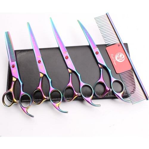 Z3003 5Pcs Set 7'' Multicolor Professional Pets Hair Steel Comb + Cutting Shears + Thinning Scissors + Dogs Cats Curved Shears