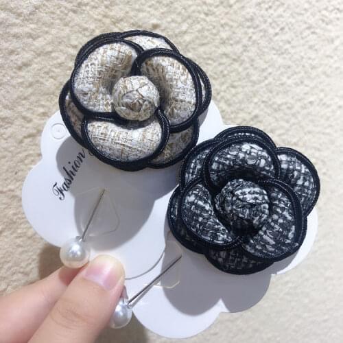 Retro Fabric Camellia Flower Brooch Cloth art Pearl Long Needle pin and brooches scarf buckle jewelry for women accessories