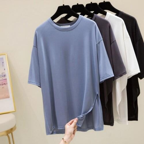 Irregular Side Slit Short-sleeved T-shirt Women Loose Large Version Summer 2021 New Design Round Neck Half-sleeved Top