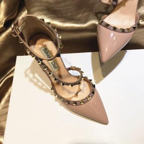 Free shipping fashion women Pumps lady Luxura Designer white patent leather studded spikes S Strappy high heels shoes 8cm 6cm