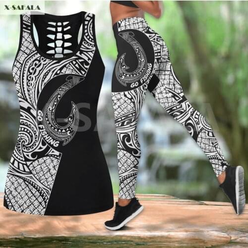Polynesia Go Fishing 3D Printed Women Combo Two Piece Yoga Set Vest Hollow Out Tank Top High Waist Legging Summer Casual Sport