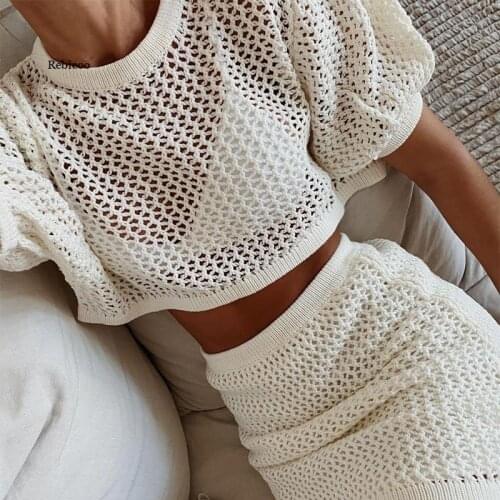 Summer Women Two Piece Set Elegant White Knitted Skirts Suits Hollow Out Puff Sleeve Crop Tops+Mini Skirt Bodycon Outfits