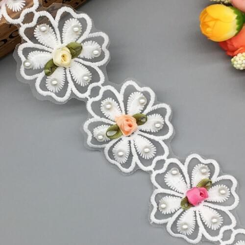 1yd Vintage Multicolor Lace Flower Heart Pearl Fabric Applique Patch Lace Craft Trim Ribbon Baby Sewing Embroidered Draft