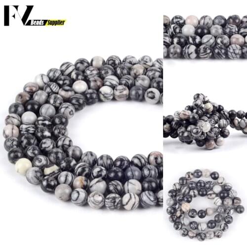 4-12mm Natural Black Web Jaspers Stone Loose Spacer Round Beads For Jewelry Making DIY Bracelets Necklace Needlework 15"
