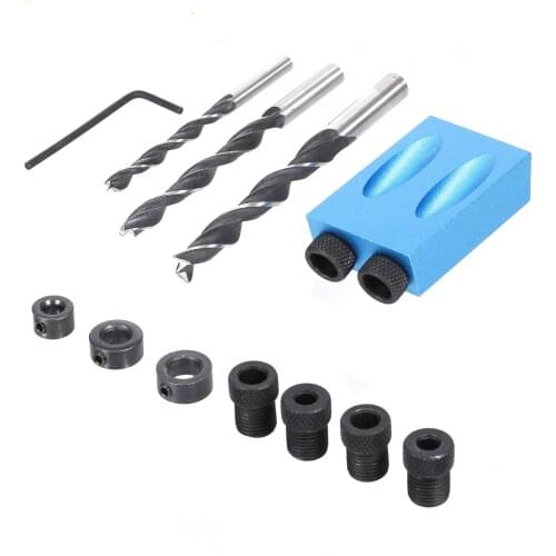 7/14pcs Pocket Hole Jig Pocket Screw Jig 15 Degree Dowel Drill Joinery with 6/8/10mm Drive Adapter Hole Clamp Woodwork Locator