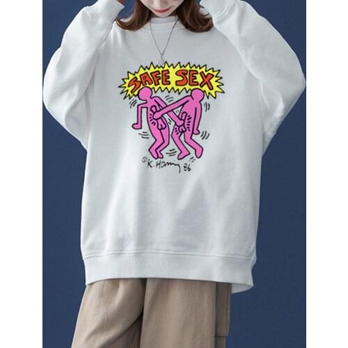 American Vintage Letters Print White Cool Women Pullover Round Neck Loose Sprot Lover Sweatshirt
